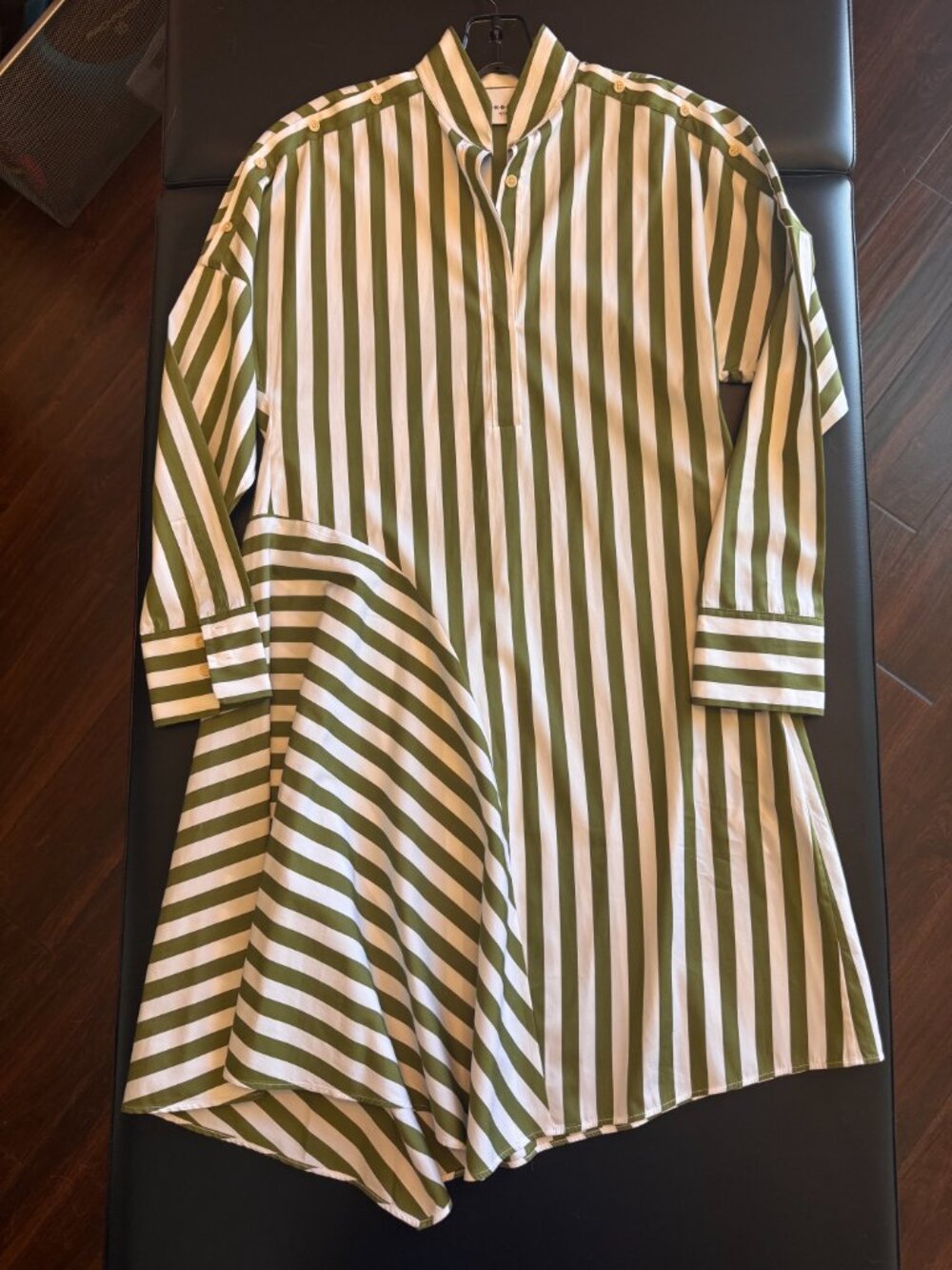 Akris Punto Olive Green White Striped Asymmetric Shirt Dress US 2 100% Cotton